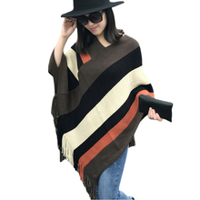 CHENKIO Women’s V-Neck Elegant Knit Poncho Top with Stripe Patterns and Fringed Sides Designer Shawls Cardigan Sweater Outwear